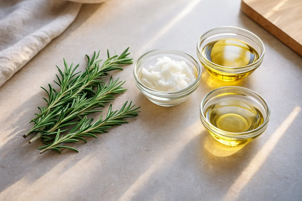 Fresh rosemary leaves and carrier oils displayed on a kitchen counter.