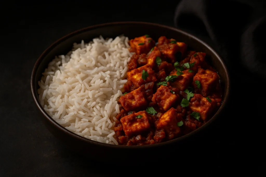 Spicy Indian paneer rice bowl with masala-coated paneer cubes and fluffy basmati rice