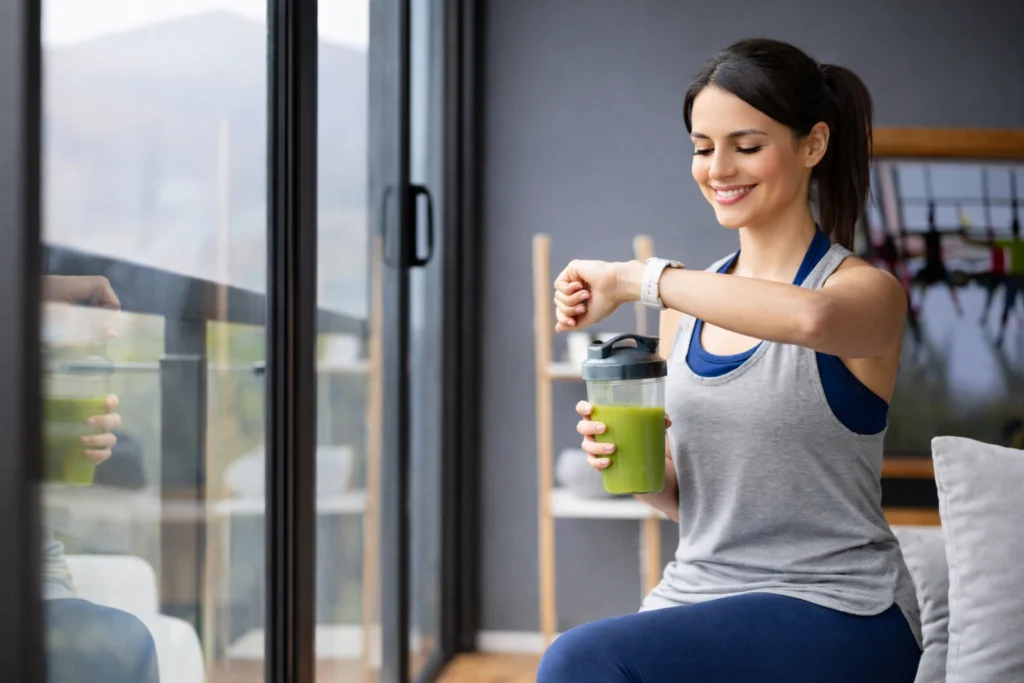 Woman sitting near a window holding a green amla juice drink, showing morning wellness and amla juice benefits.