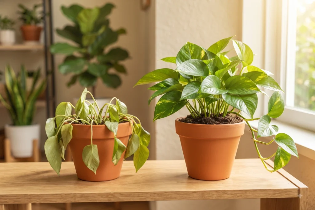 Comparison of an unhealthy drooping plant versus a lush green healthy indoor plant.