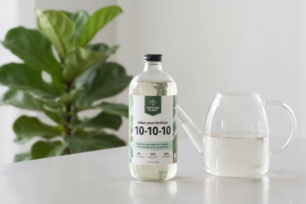 Bottle of 10-10-10 indoor plant fertilizer with a watering can on a countertop.