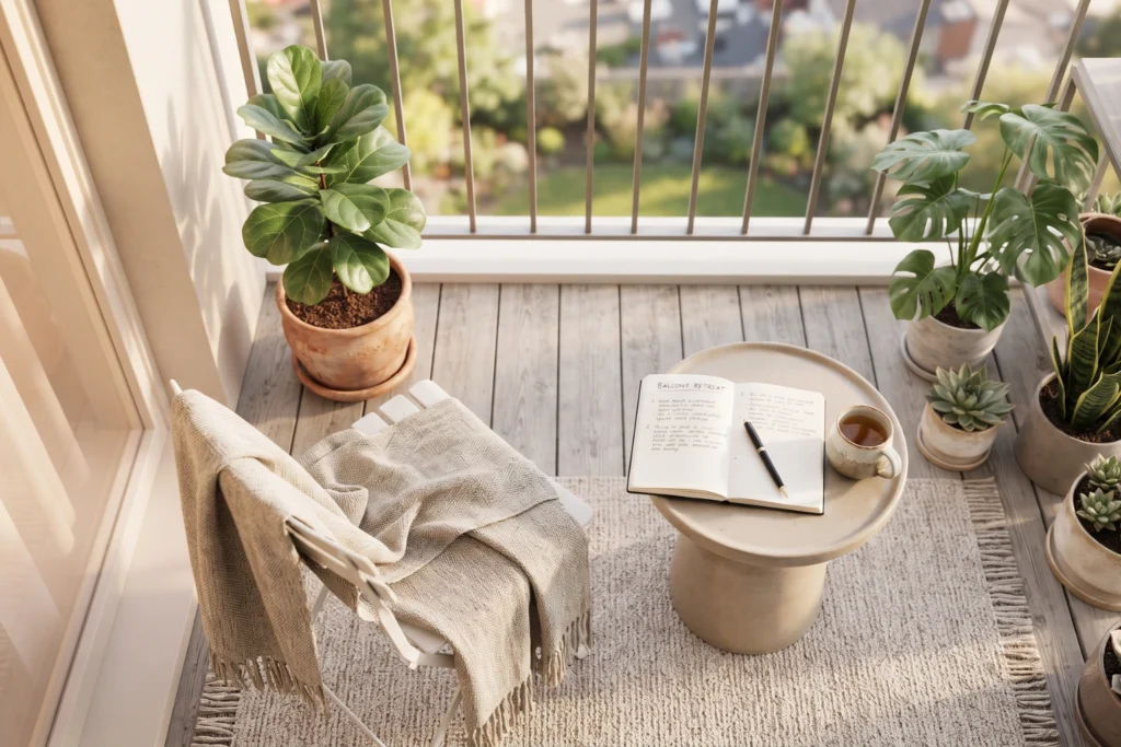 Cozy balcony garden setup with healthy potted plants and a small table.
