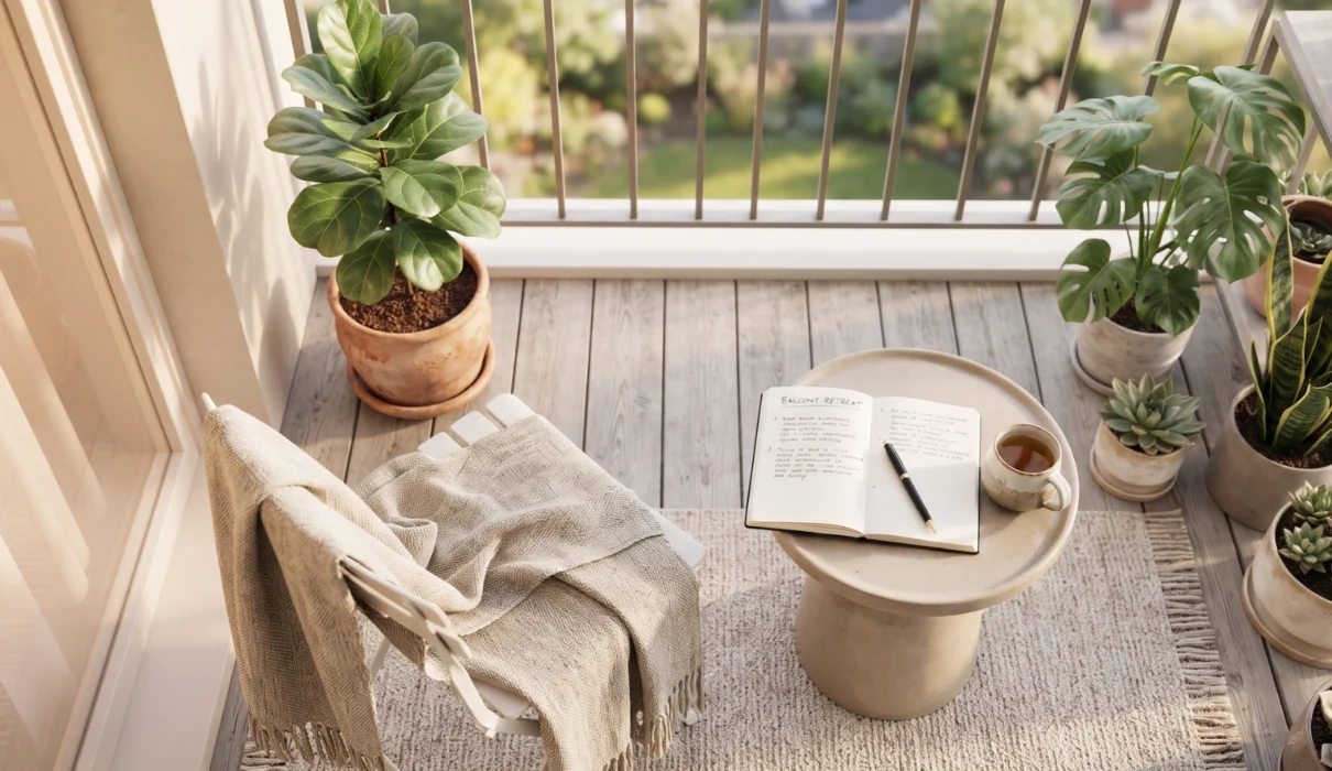 Cozy balcony garden setup with healthy potted plants and a small table.