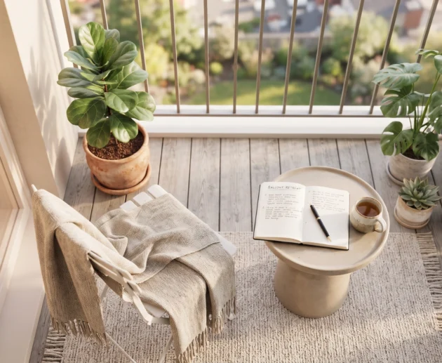 Cozy balcony garden setup with healthy potted plants and a small table.