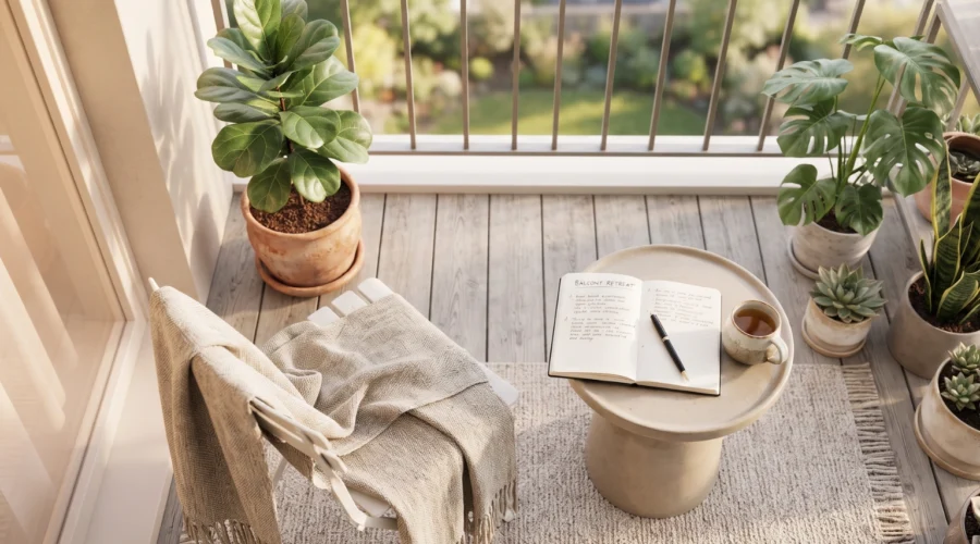 Cozy balcony garden setup with healthy potted plants and a small table.