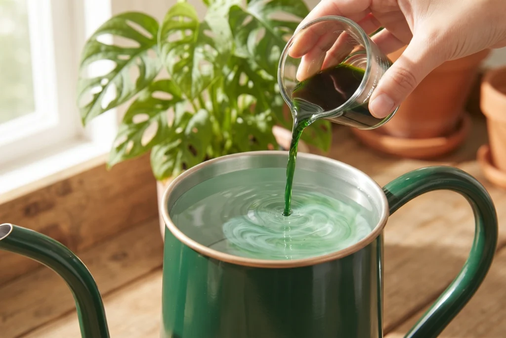 Pouring liquid indoor plant fertilizer concentrate into a watering can filled with water.