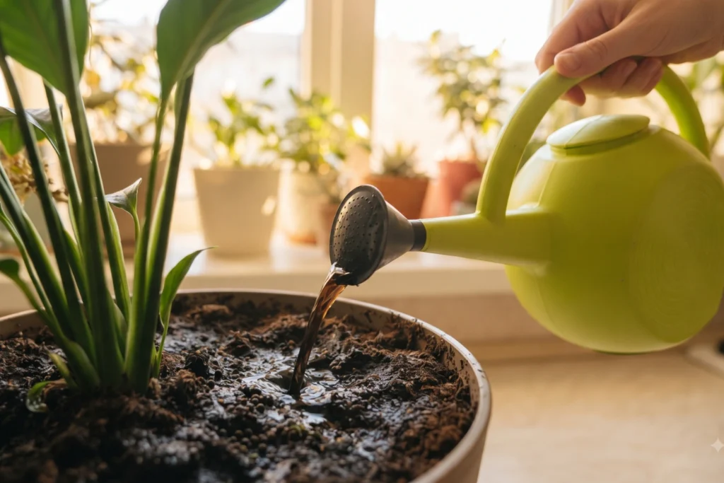 Pouring liquid organic best plant fertilizer onto indoor potted plant soil.